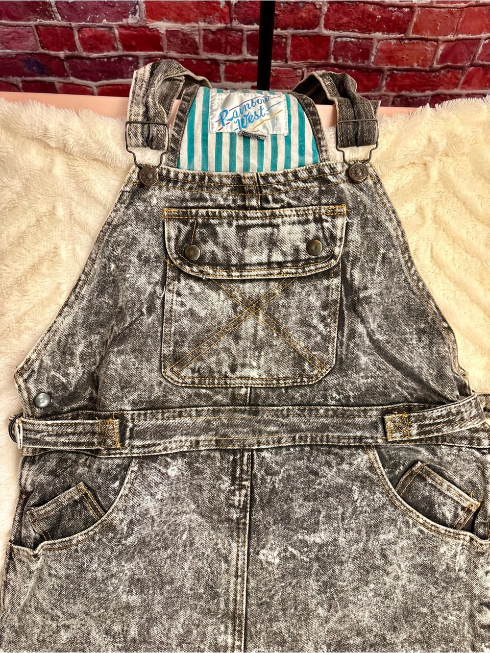 Vintage Rainbow West Acid Wash Denim Overall Dress Size 11 80s 90s Grunge